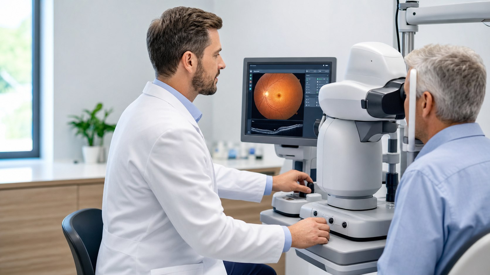 Optometrist using modern diagnostic equipment during an eye exam